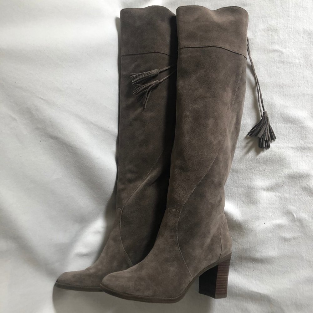 Taupe Suede Tall High Heeled Boots Size 10